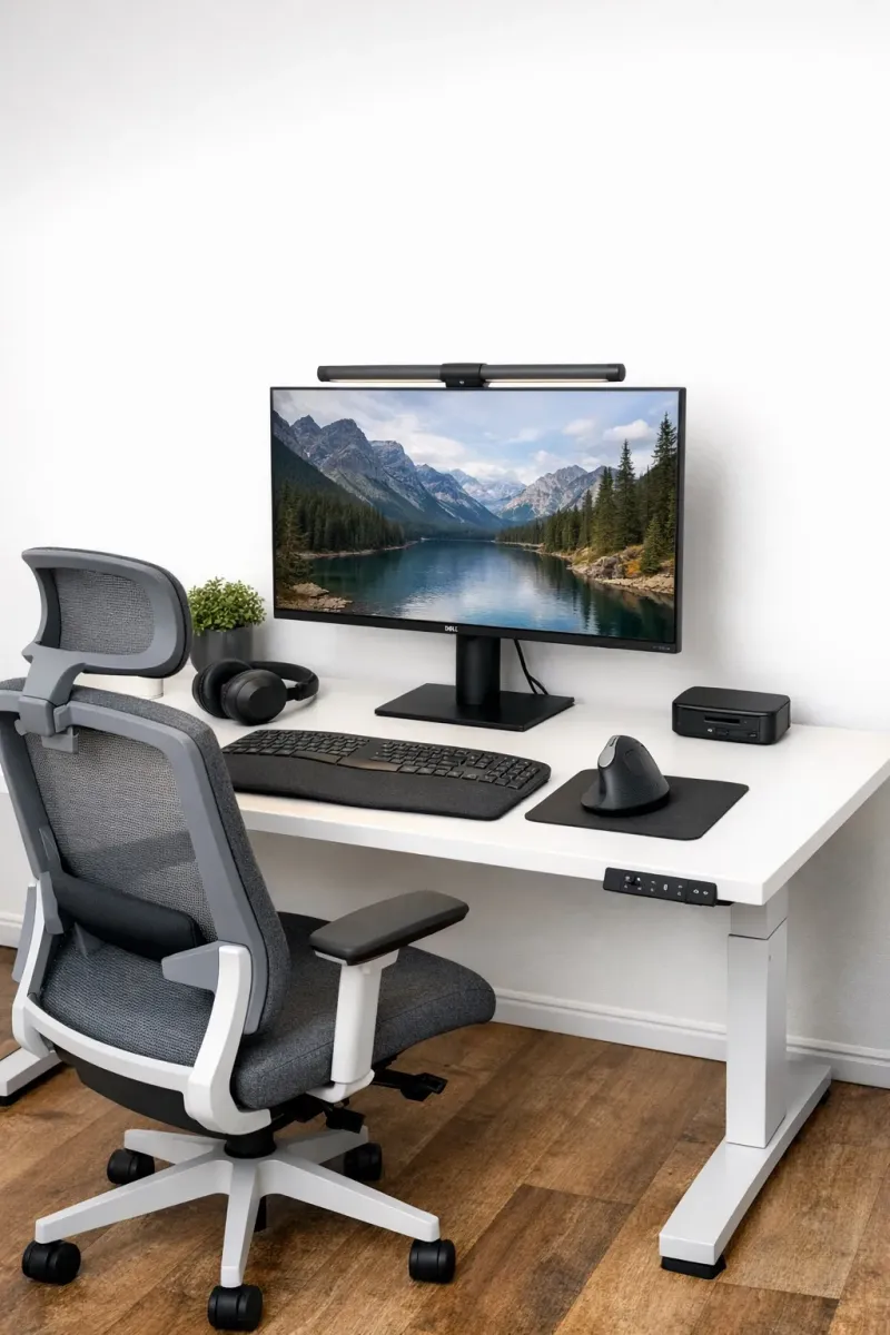 Setup de home office real con escritorio elevable, monitor 4K y silla ergonómica en un despacho pequeño