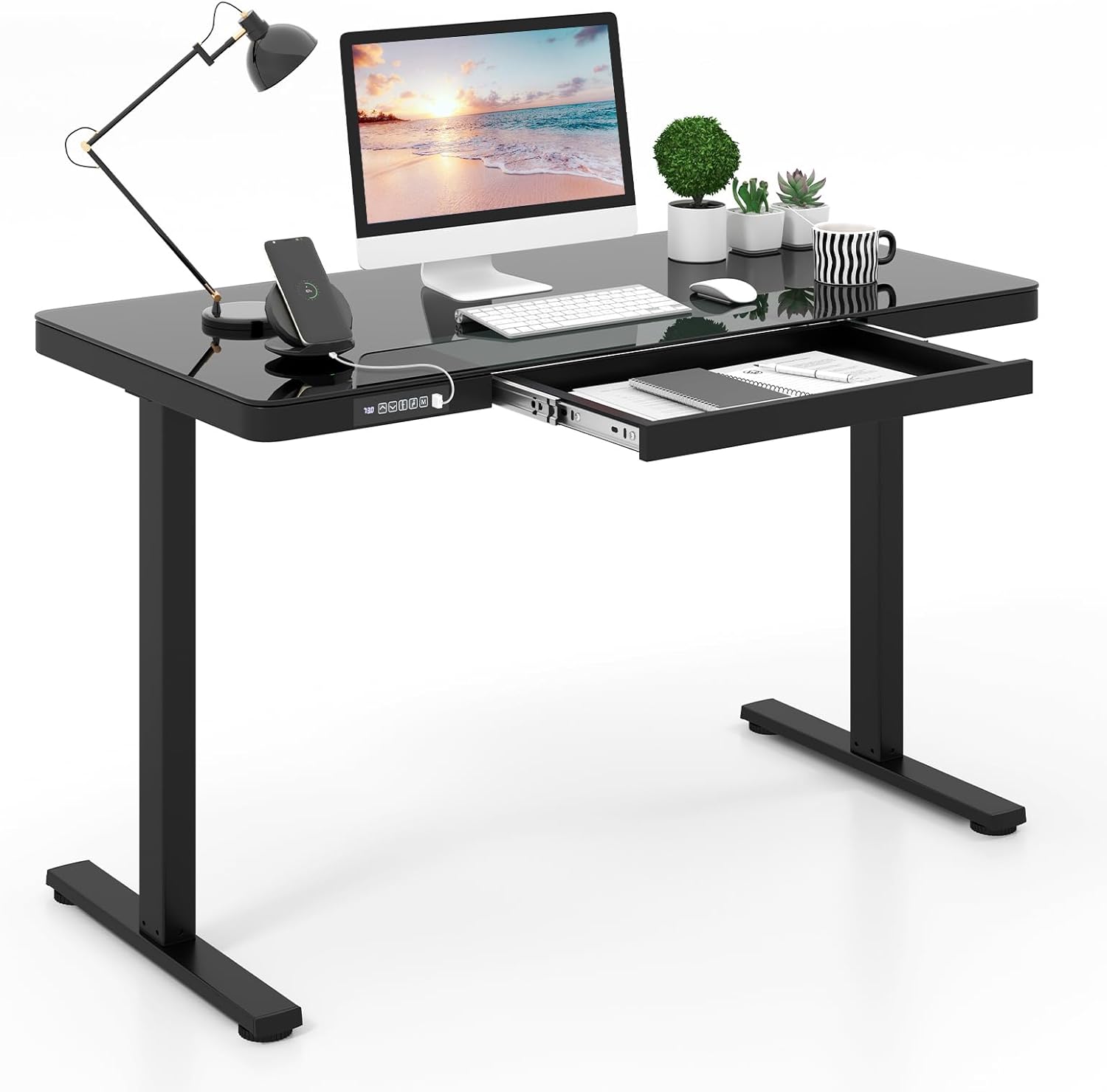 Escritorio elevable eléctrico Costway de 120x60 cm con tablero, panel de 4 memorias, puerto USB y ganchos
