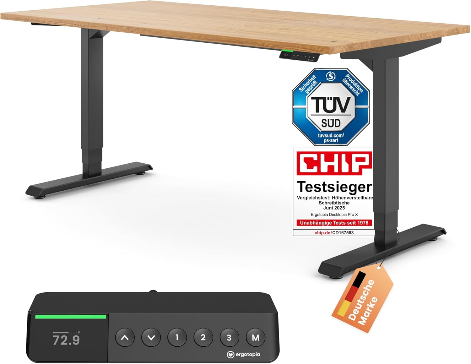 Escritorio elevable eléctrico Ergotopia Desktopia Pro X con pantalla OLED, doble motor y tablero de madera
