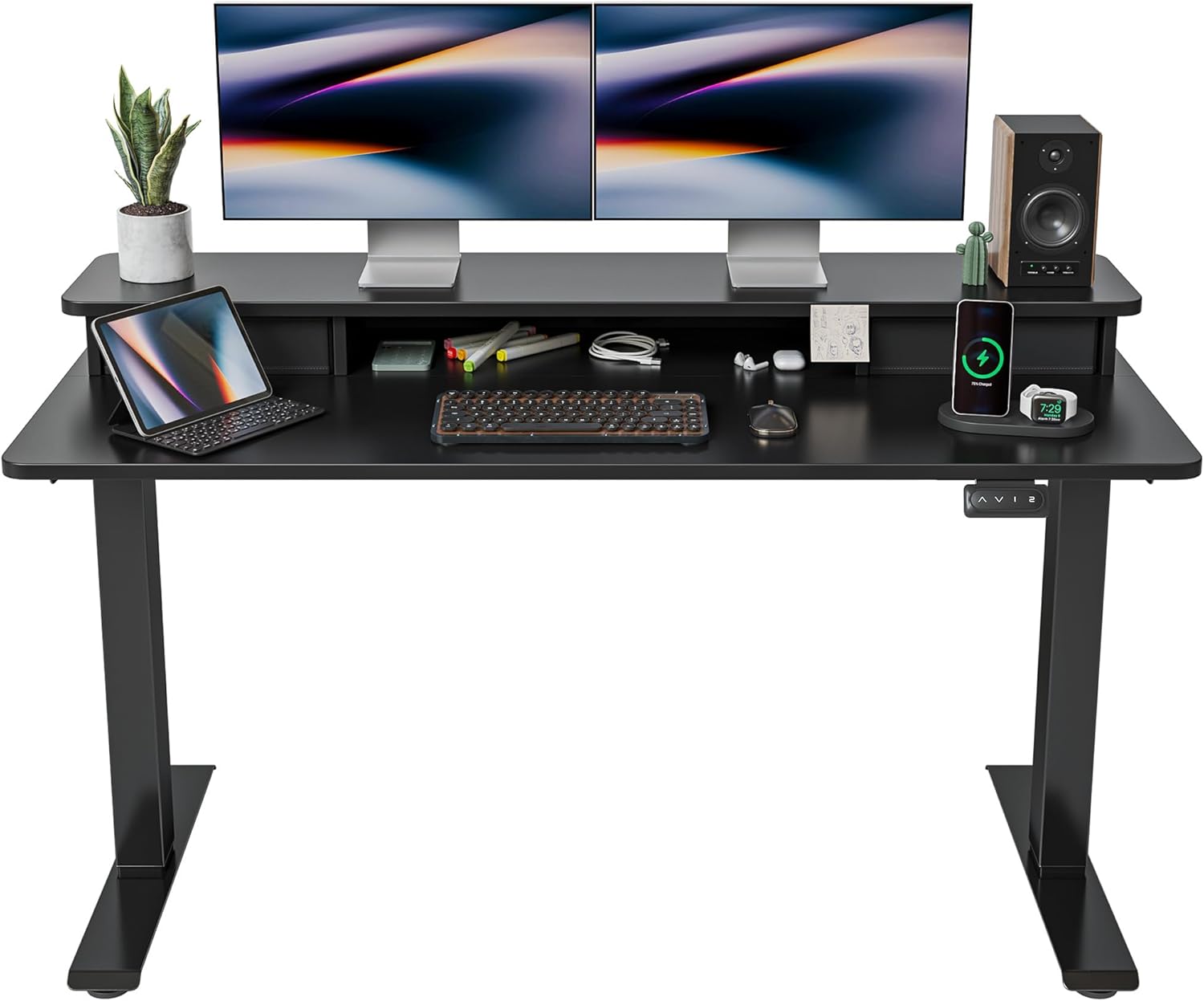 Escritorio elevable eléctrico FEZIBO de 140x60 cm con dos cajones, soporte para monitor y panel de memorias