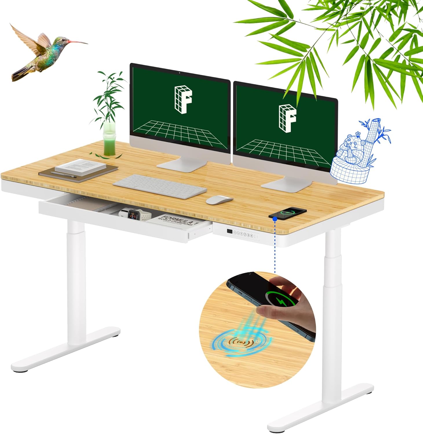 FlexiSpot FlexiSpot Q8 (Comhar Pro) Bamboo Standing Desk with Drawer and Wireless Charging product image